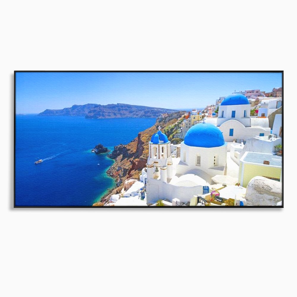 Tablou canvas cu tablou canvas cu peisaj din santorini, in rama de aluminiu negru